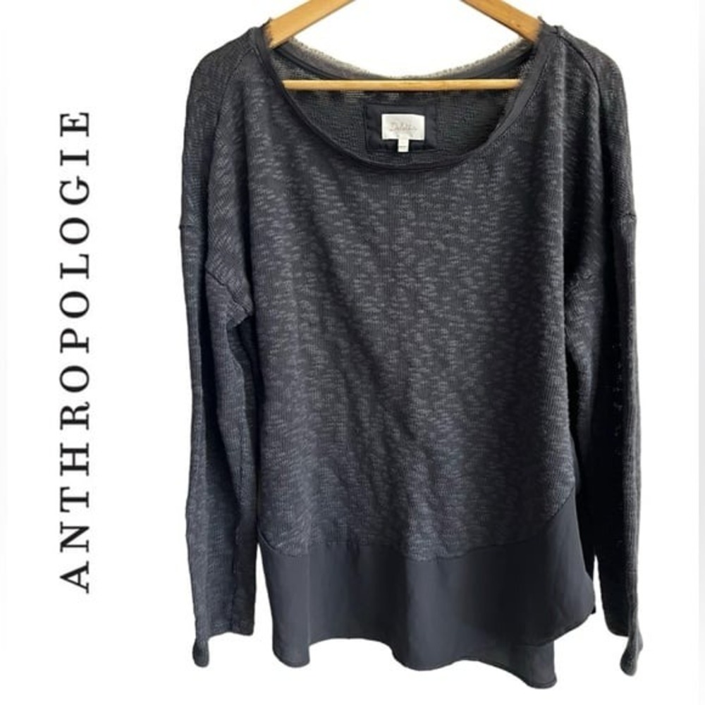 ANTHROPOLOGIE Deletta Mixed Knit and Chiffon Gray Oversized Sweater Top Size L - Picture 1 of 10